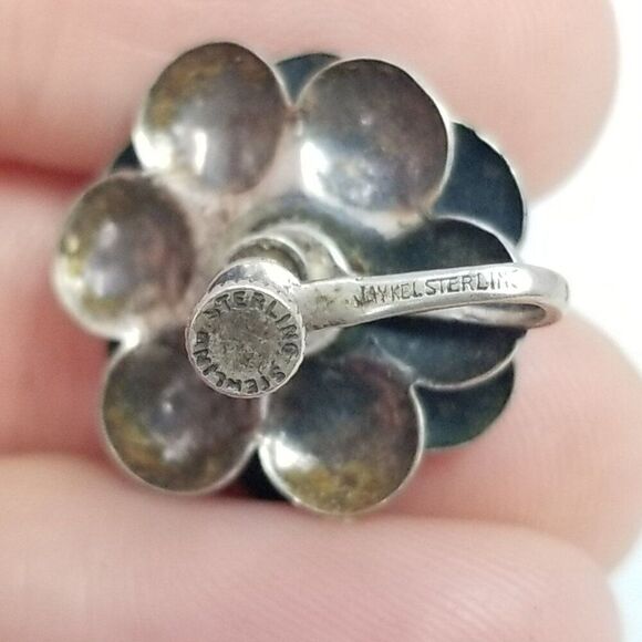 Vintage Jay Kel Sterling Silver Flower Clip On Screw Back Earrings, Signed - Picture 5 of 9